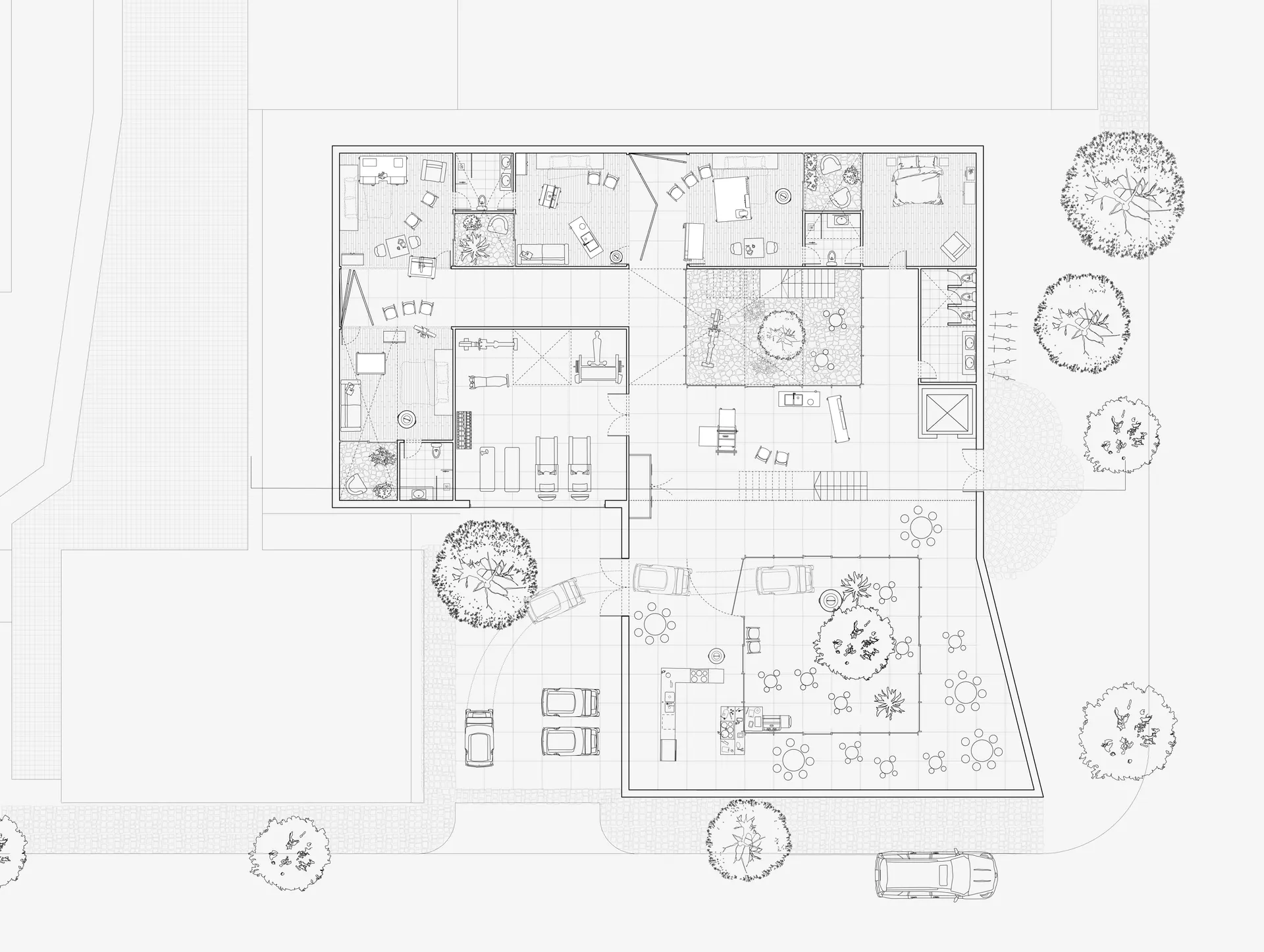 Ground floor plan, adjustable workshops to bedrooms, 1/100