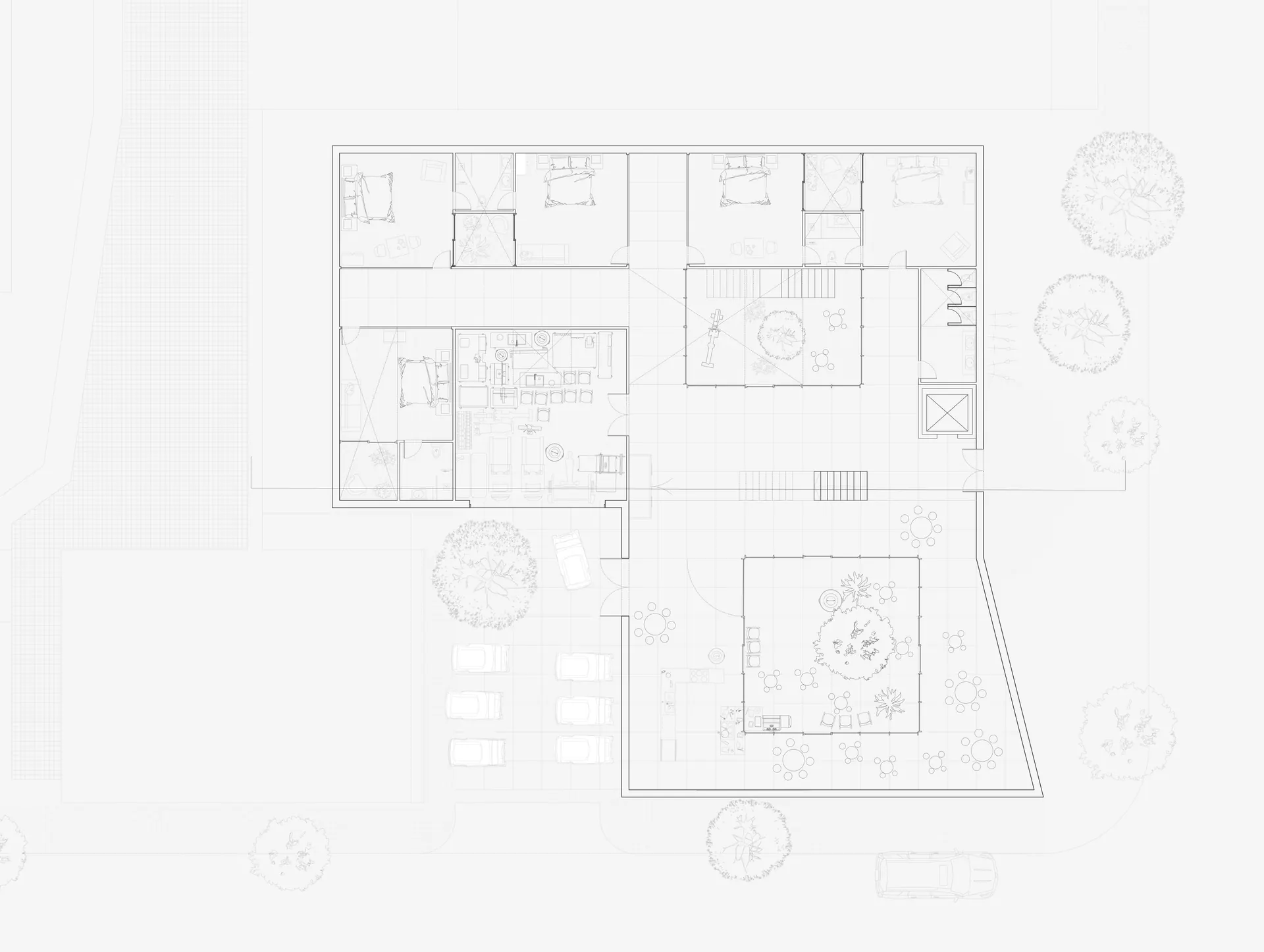Upper level plan, overnight stay bedrooms, 1/100