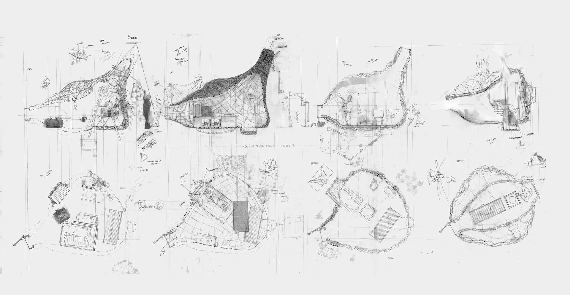 Plan and section diagram of the pod throughout the four seasons, collage and drawing, 1'=1/8"