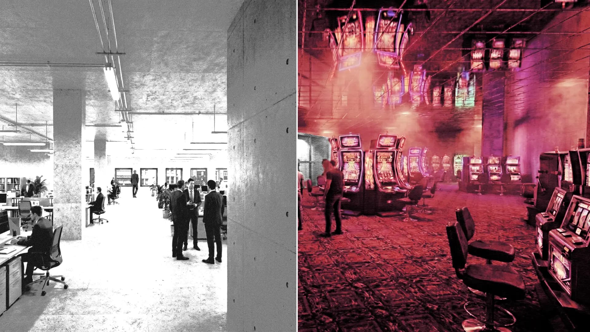 Still from Split Screen video of P.O.V. video: the FBI bureaucrat on left, Casino guest on right