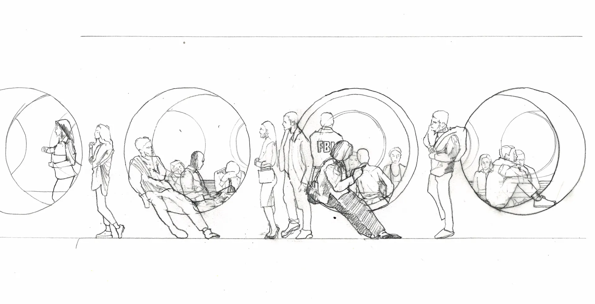 Waiting Room detail: FBI officers and Casino guests share a party wall with oculus’ providing shared benches, 1/20