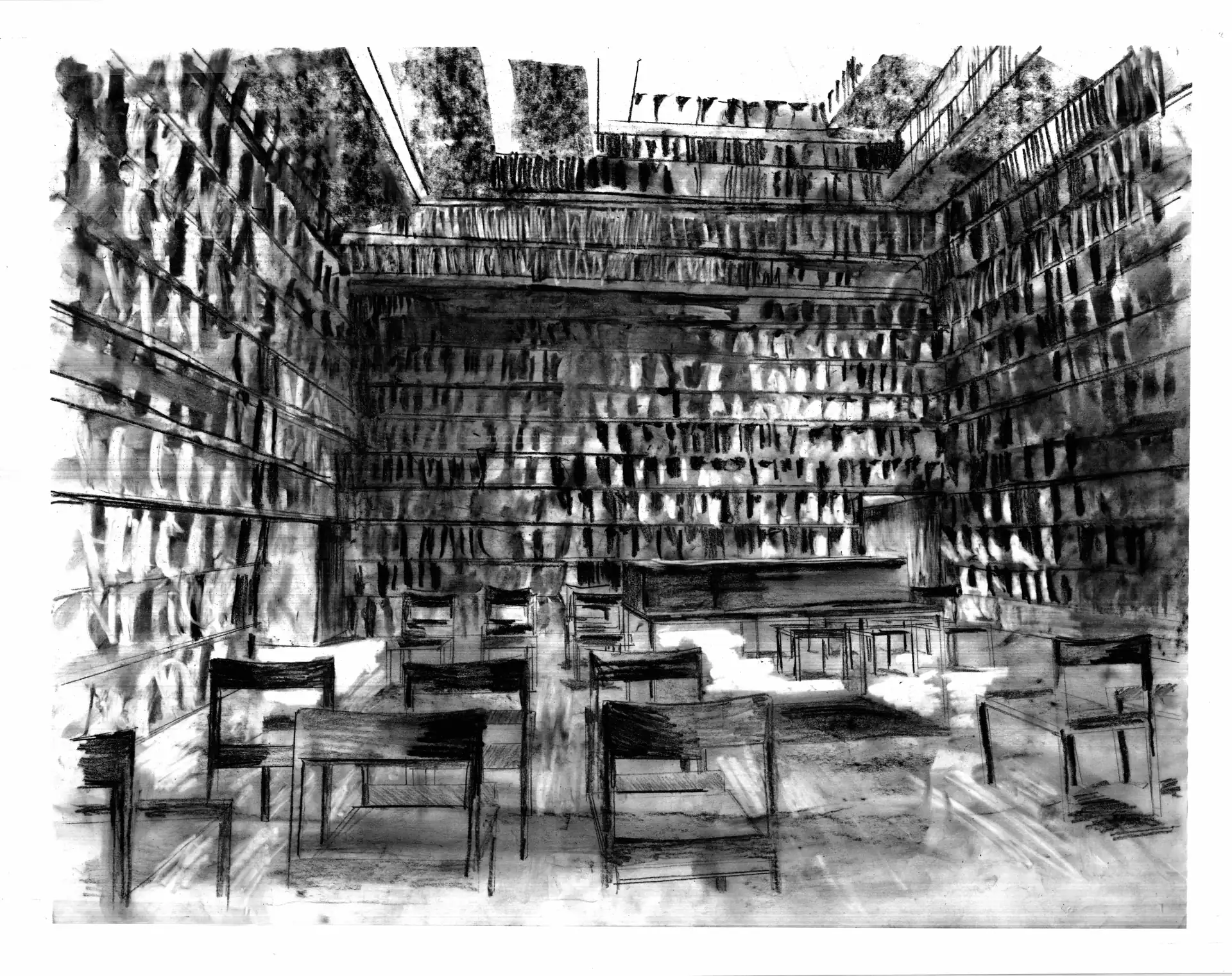 View into the ceremony space, charcoal on paper.