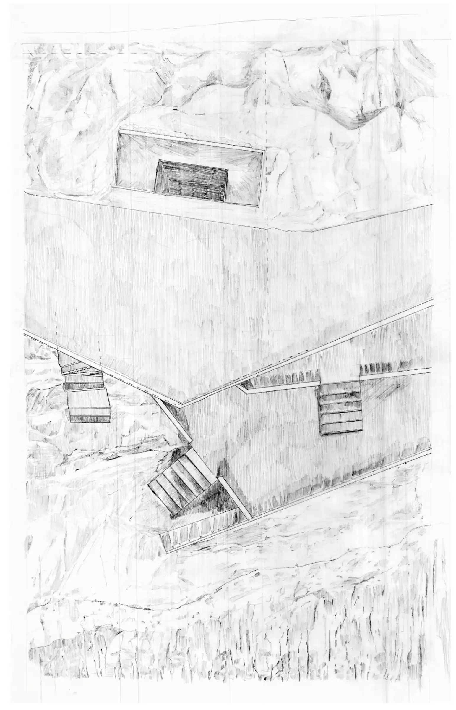 Plan of model exploring materiality of Ossuary walls and terraces, and the cavernous spaces created below - inspiring a series of terrace levels facing the sea, 1/1 of 1/50 model.