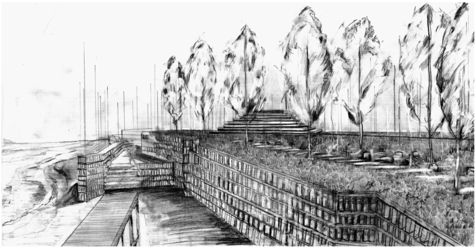 View of Estuary on left, burial ground and ceremony space on right.