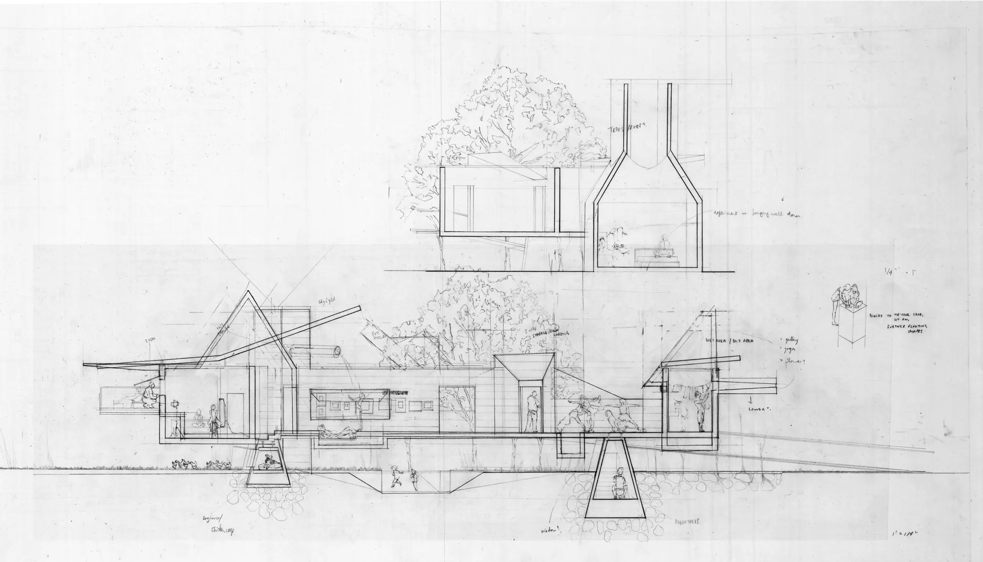 Sketch of section, roof study, 1'=3/16"