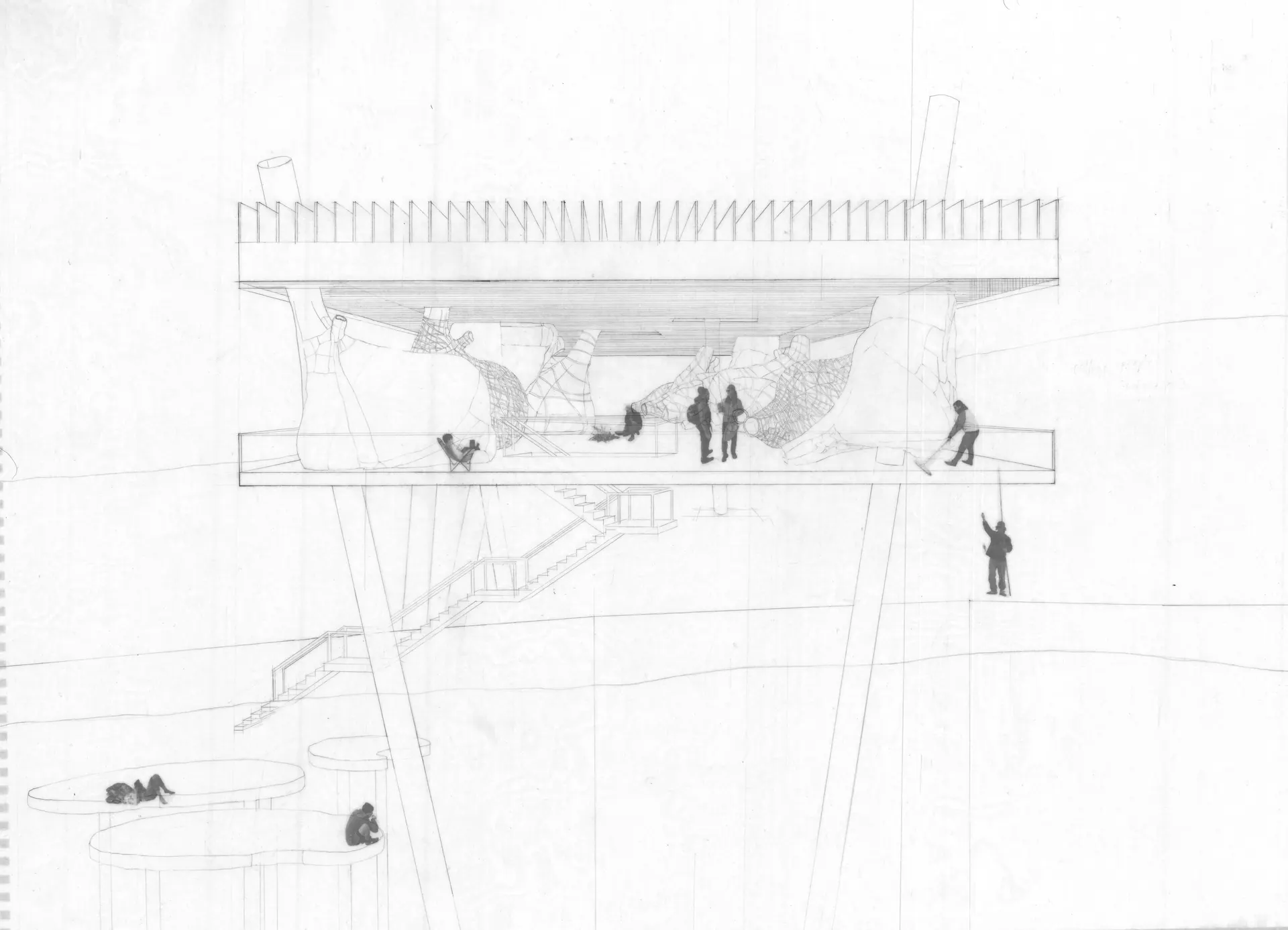 View into the living quarters from the deck clearing of bathhouse, 1'=1/16"