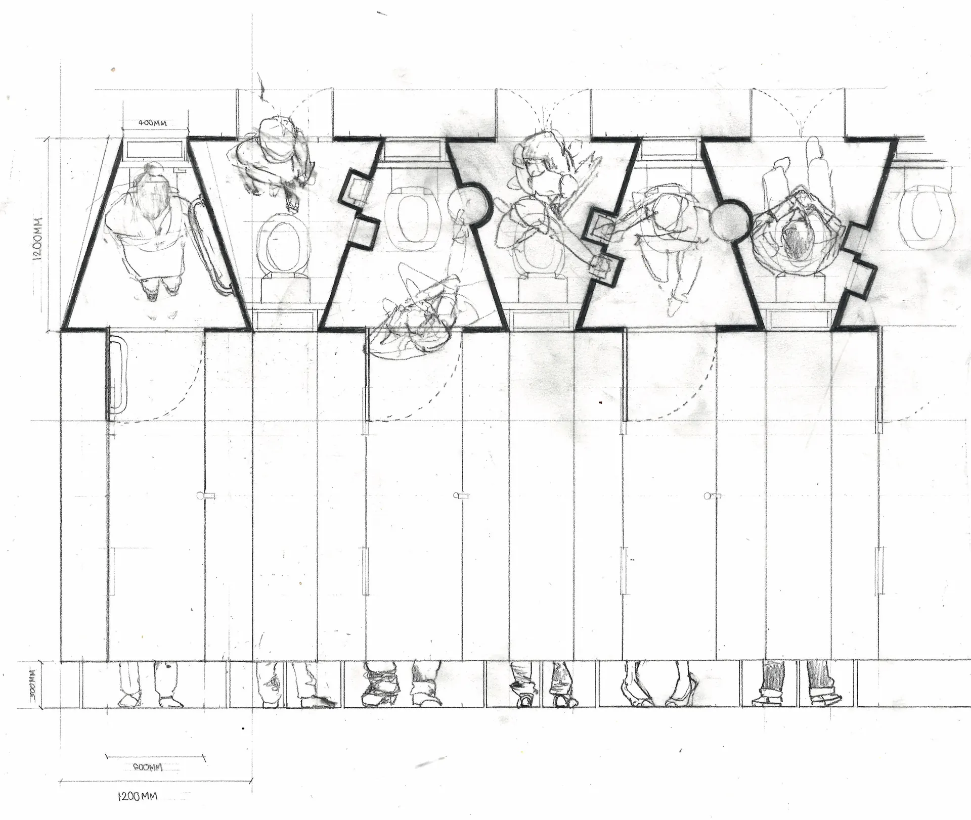 Detail of the restroom cubicles, plan and elevation, 1/20