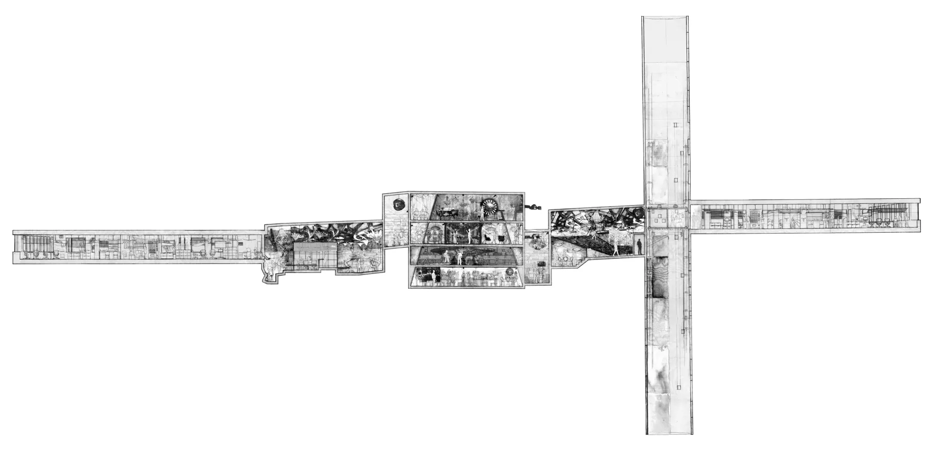 Section through full-length of building: from existing office to casino floor, to interior casino core of enclosed rooms, to casino floor, to shared elevator, back to FBI offices, 1/100